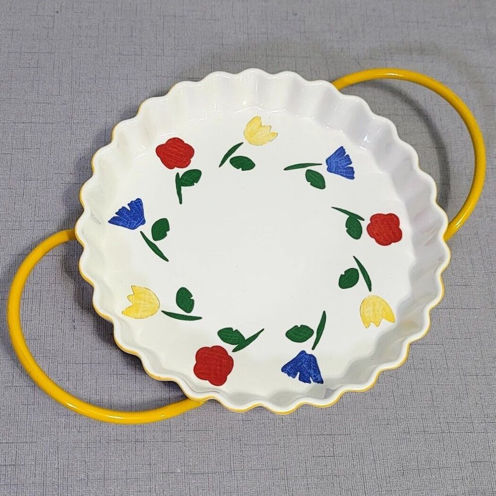 Vintage Primary Color Flowers 10"‎ Quiche Dish Tart Dish & Metal Carrier Japan